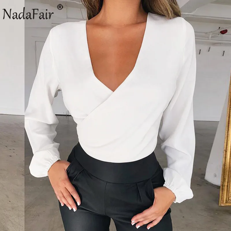 Nadafair, элегантная офисная шифоновая белая блузка, женские рубашки, v-образный вырез, сексуальная открытая спина, бант, вечерние блузки с длинным рукавом, женские топы