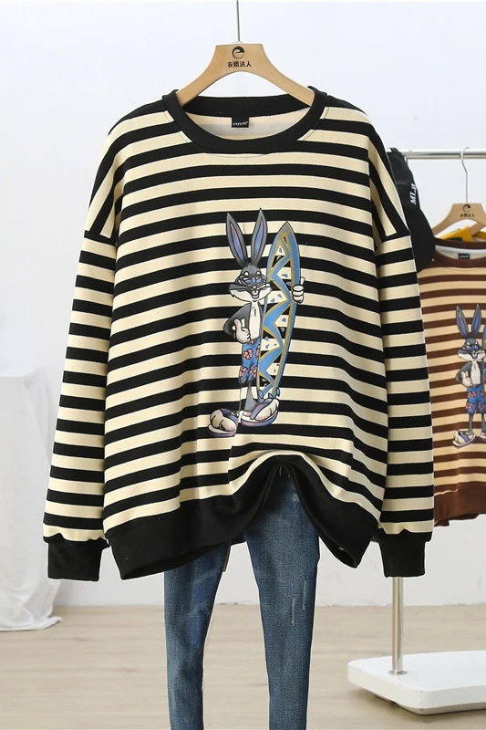 

Thick Velvet O Neck Long Sleeve Striped Pullovers Top 2021 New Spring Autumn Loose Oversize Cartoon Cotton Sweatshirts Students