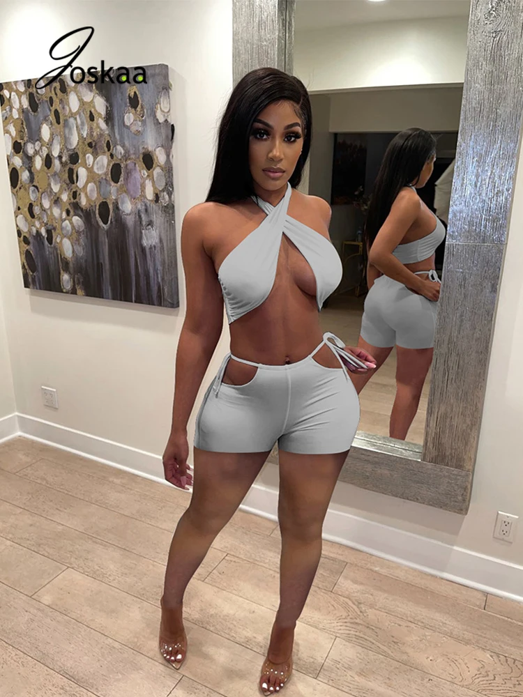 

Joskaa укороченный топ с лямкой на шее и шорты женские летние комплекты из 2 предметов без рукавов с открытой спиной повседневные обтягивающие ...