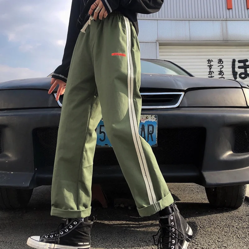 

2021 Autumn Hip Hop Streetwear Loose Side Striped Bottoms Cargo Pants Women Sweatpants Joggers