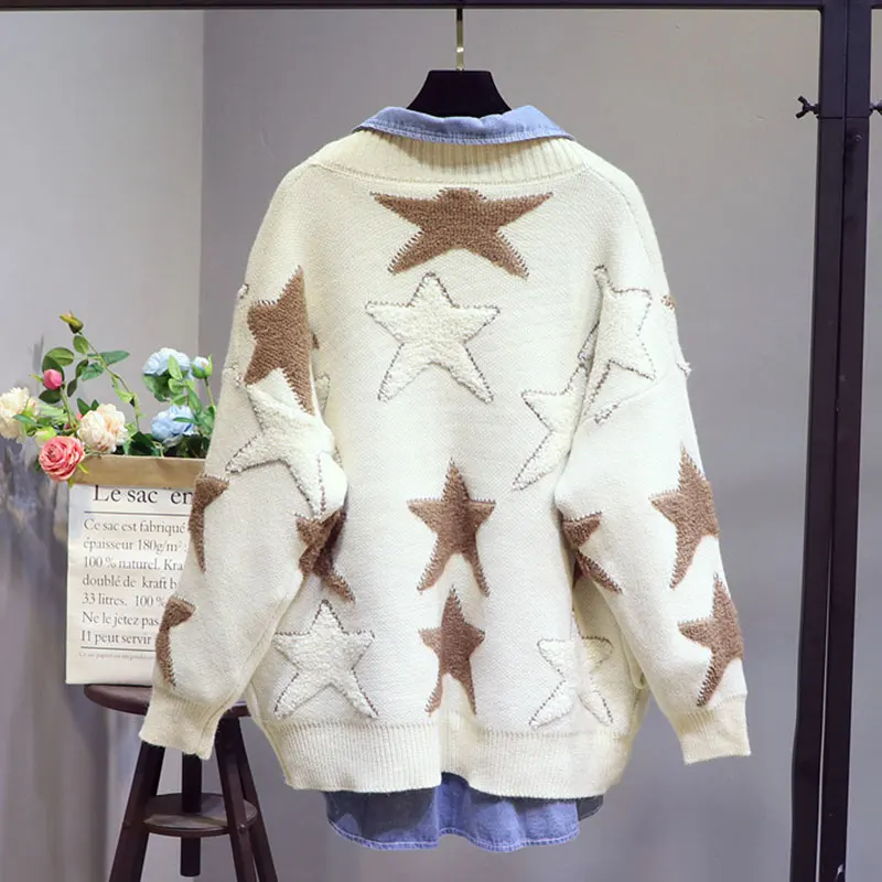 Autumn Sweater Women 2019 Loose Embroidery Stitching Stars in the Long Section Plus size Spring Knitting Female Cardigan SS533 |