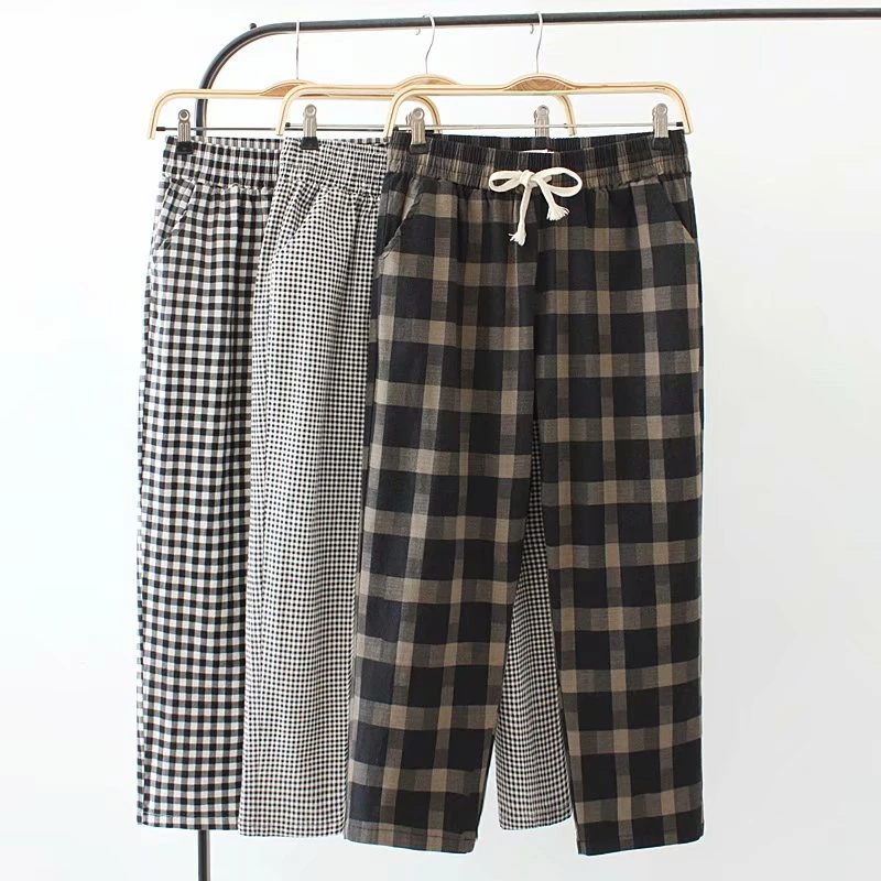 

2021 Spring Summer Plaid Pants Women's Harem Pants Capris Drawstring Waist Large Size Casual Loose Cotton Linen Trousers Women