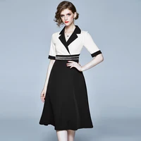 summer beads mid dresses splicing black and white contrast color hepburn thin dress office lady turn down collar dress evening