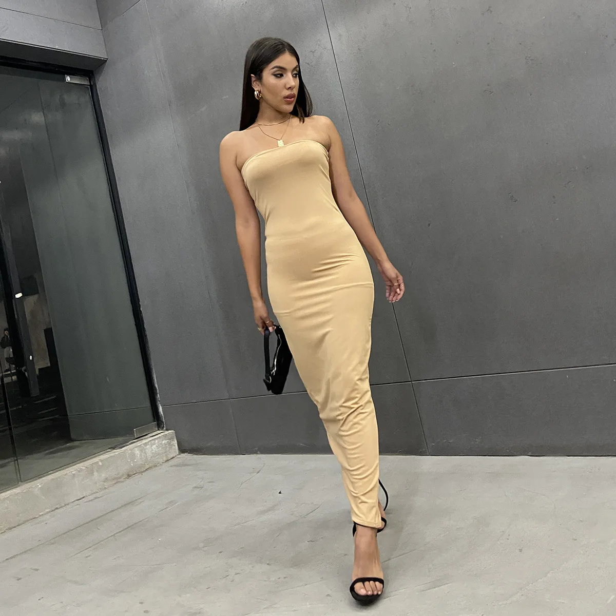 

Sexy Women Strapless Off Shoulder Sleeveless Slim Long Dress Summer Solid Color Skinny Bodycon Robe Package Hip Split Maxi Dress