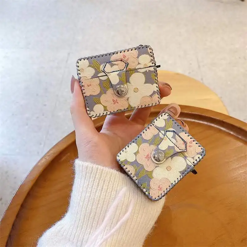 

Leather Fastener AirBuds Case For Apple Wireless Bluetooth Headset Cover AirPods 1 2 Pro 3 ins Style Flowers Oil Printing