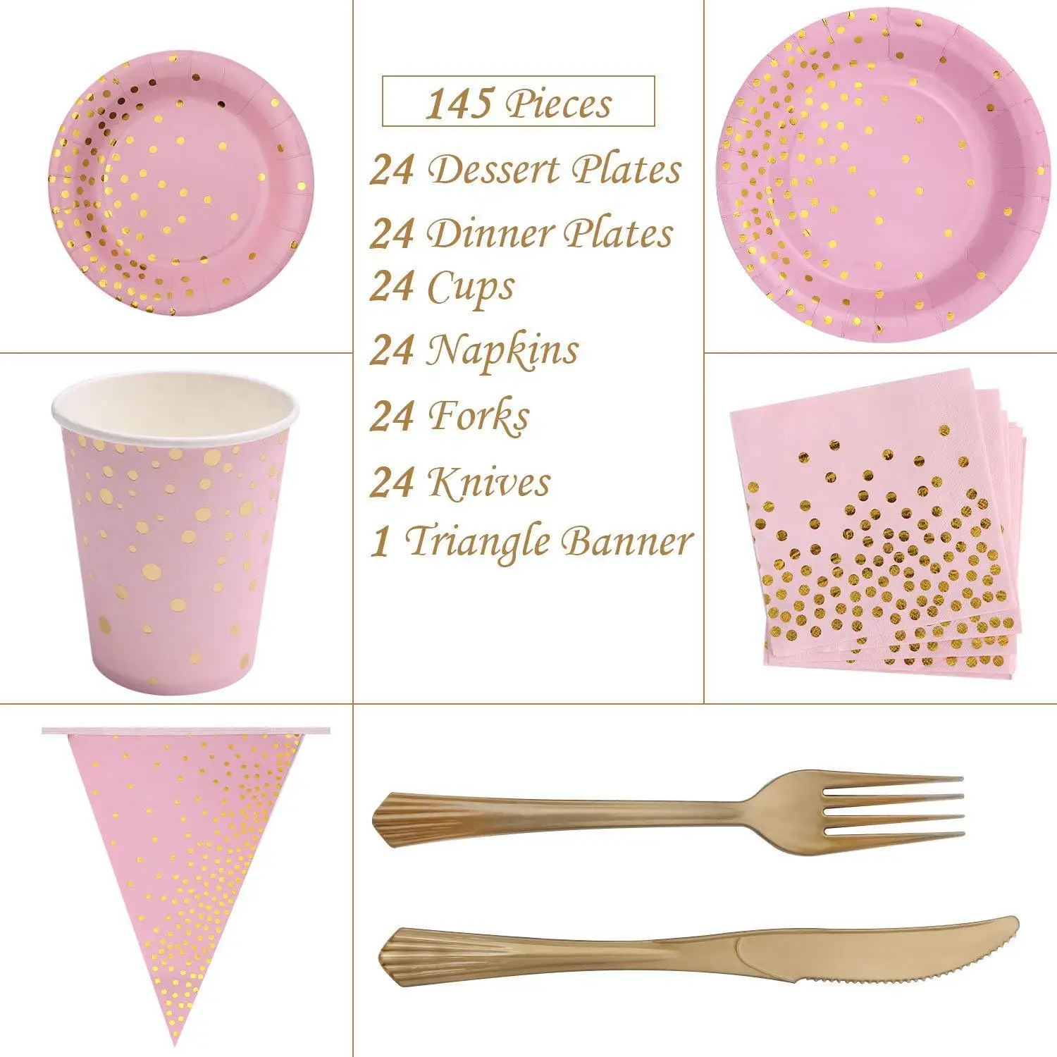 24sets Disposable Party Tableware Pink Gold Dot Paper Plate Fork Cutlery Set DIY Home Wedding Festive Supplies Decoration | Дом и сад
