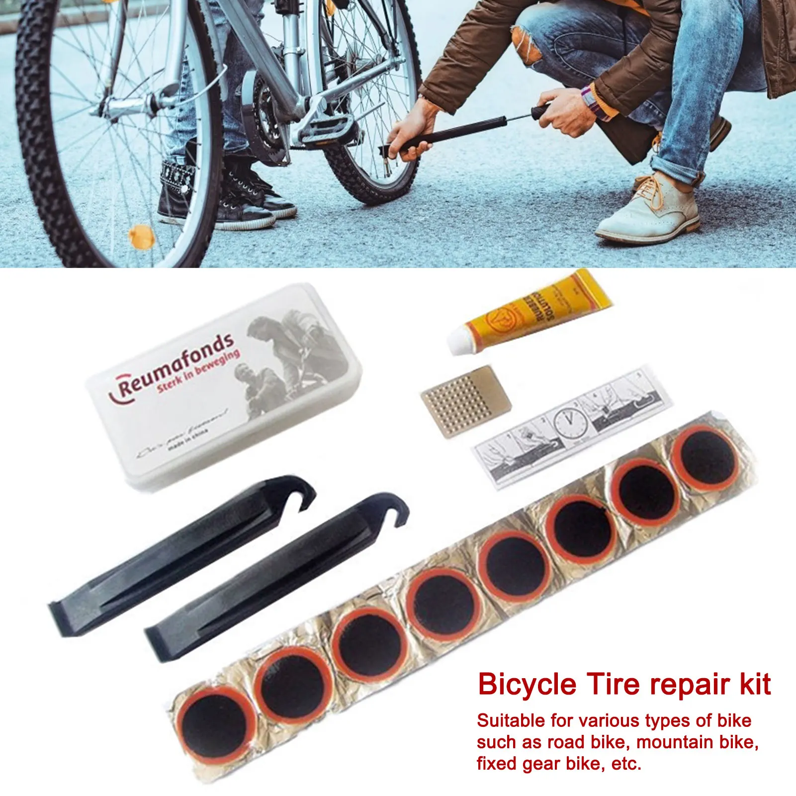 

Brand New Bicycle Flat Tire Repair Kit Tool Set Kit Patch Rubber Portable Fetal Best Quality