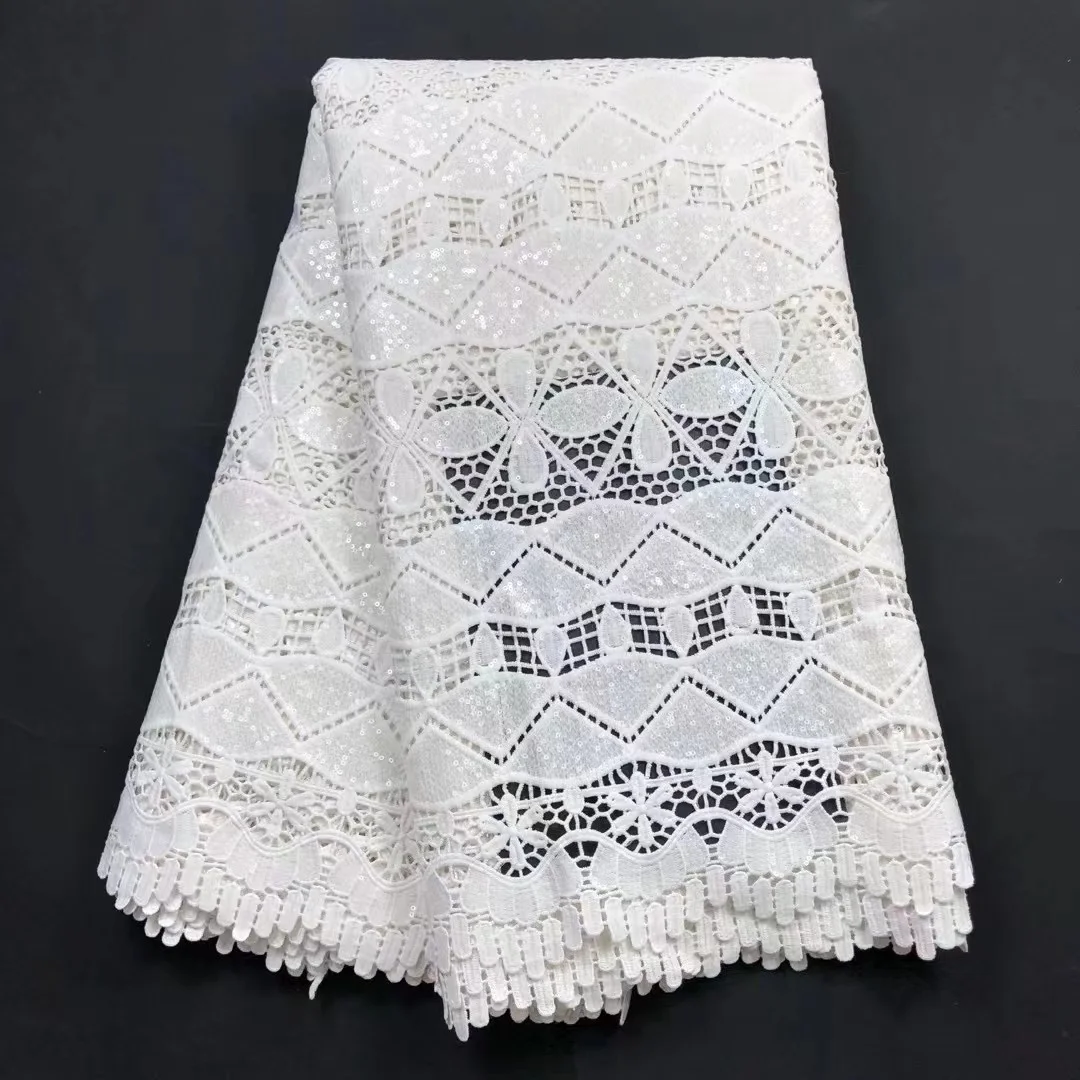 

Pure White African Lace Fabric 2021 High Quality Water Soluble Guipure SEQUINS Cord Laces For Nigerian Wedding Party Dress