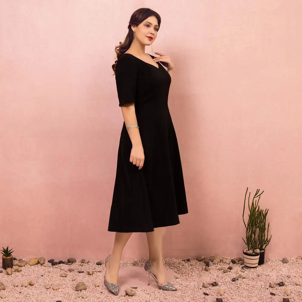 Simple Black Plus Size Homecoming Dress 2020 New Half Sleeves V-neck A-line Tea-length Zipper-up for Party | Свадьбы и торжества