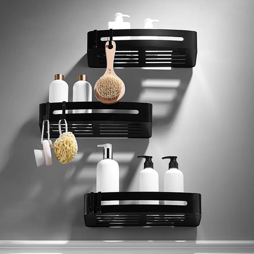 Punching Free Bathroom Rack Space Aluminum Single Deck Triangle Square Basket Shelf Shampoo Storage Organizer with hooks |