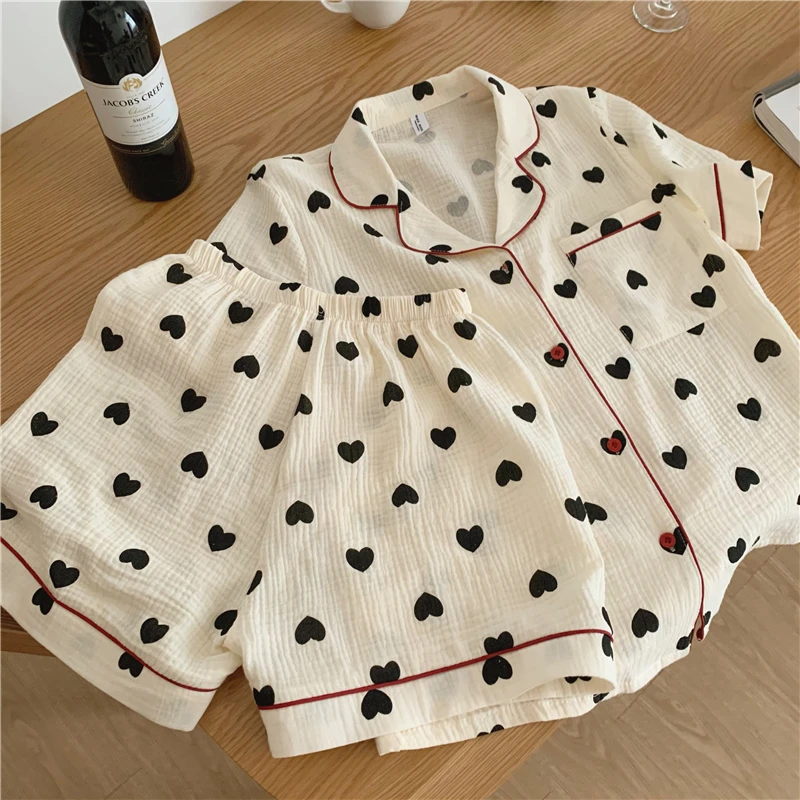 

100% cotton summer sleepwear women pajamas set love heart print short sleeve top shorts 2 piece set home suit loungewear