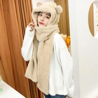 2 in 1 cap and scarf thick warm wool winter hat for women girls cute bear hat female bonnet beanie caps outdoor