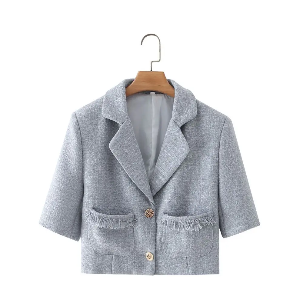 

Fashion With Frayed Trims Tweed Cropped Blazer Coat Vintage Short Sleeve Pockets Female Outerwear Chic Veste