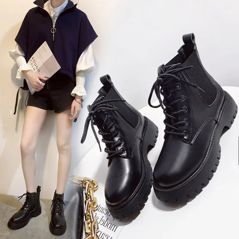 

Женские мотоциклетные ботинки, черные ботинки на толстой подошве, со шнуровкой, X124, для весны и осени, 2020