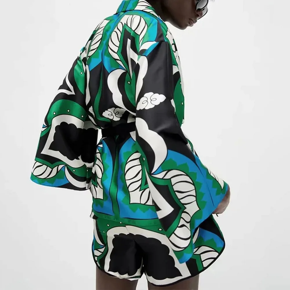 

Laamei Women Vintage Contrast Color Leaves Print Kimono Smock Blouse Female Chic Bow Sashes Cardigans Shirts Za Blusas Tops