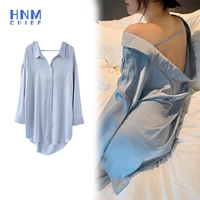 hnmchief blue sexy backless sleepshirts women button lingerie dress long sleeve blouse robe femme silk satin sleepwear