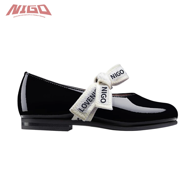 NIGO Girls Black Patent Leather Cowhide Bow Ballet Flats Shoes #nigo36847