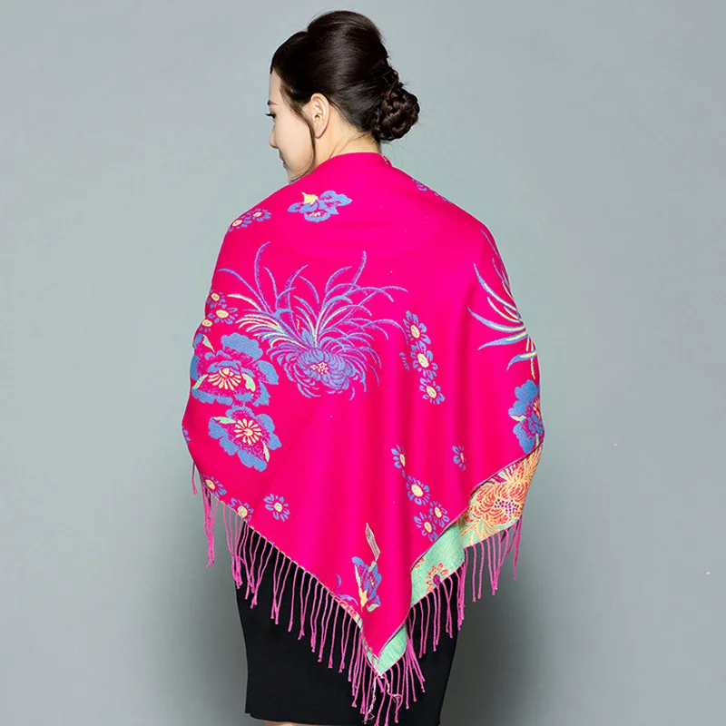 

Dual-Use Chrysanthemum Jacquard Thickening Widening Oversized Square Scarf Ethnic Style Ladies Cashmere Shawl Scarf