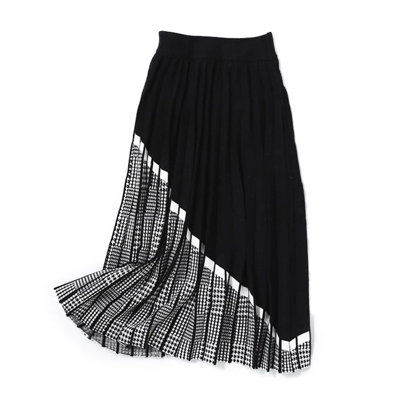 

2021 Winter Women's Fashion Houndstooth Midi Skirt Female High Waist Pleated Knitted Thick Black Warm Skirts