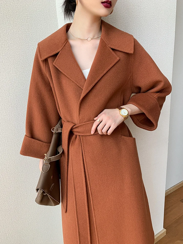 

Shzq Autumn and Winter 2021 New High-end Foreign Style Thin Double-sided Cashmere Overcoat Women's Mid Long 100% Wool Overcoat