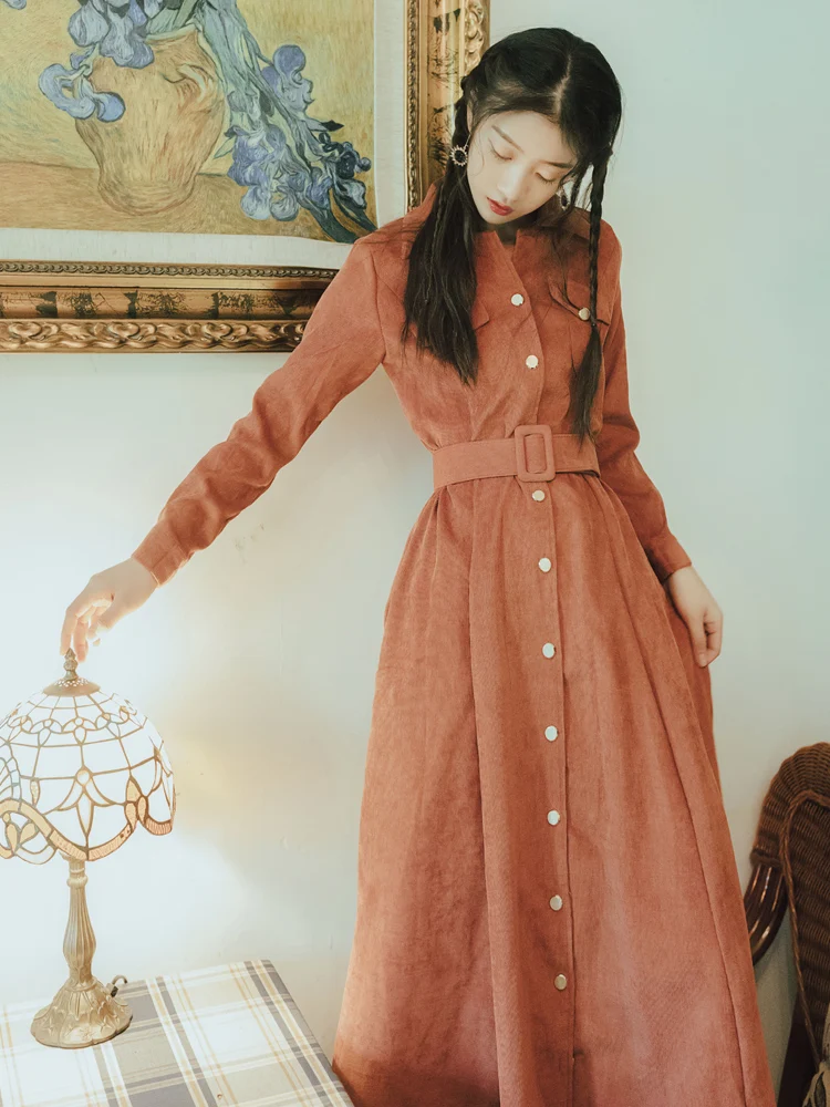 long sleeve HAMALIEL винтажное однобортное большое свободное женское платье осень вельвет три четверти рукав Ретро длинное платье тонкое Макси платье - Цвет: long sleeve