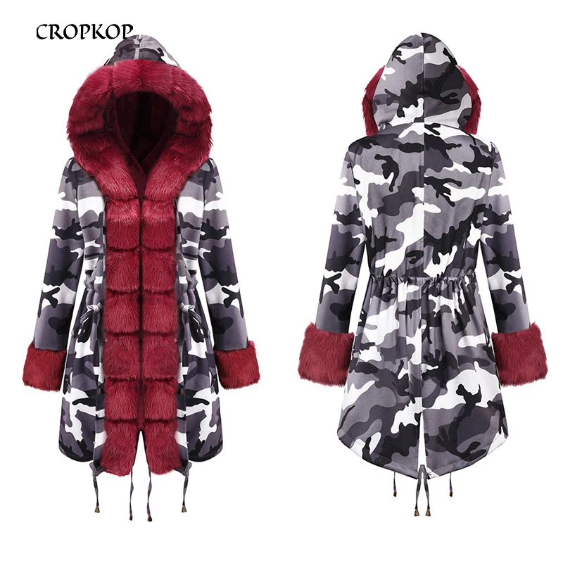 

Women Parkas 2020 Classic Black Artificial Fur Camouflage Green Military Slim Winter Female Parka Long Thick Warm Hooded Parkas