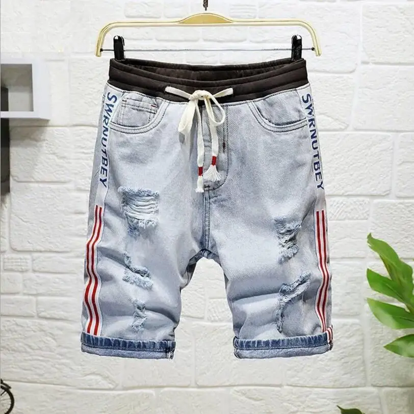 

New Summer Blue Holes Shorts Jeans For Man Elastic Waist Casual Denim Shorts Good Quality Male Cotton Knee Length Jeans Pants
