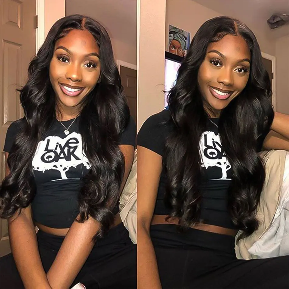 

180% Density Soft Brazilian Natural Hairline Remy Black Body Wave T Part 13x6 Lace Front Human Hair Wig For Women With Babyhair