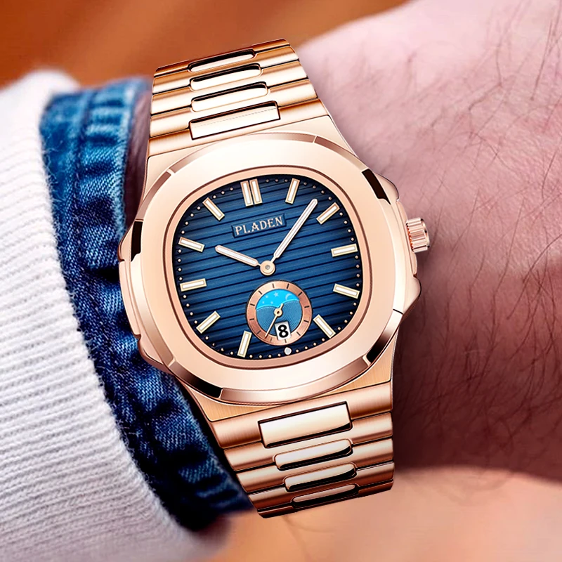 Часы наручные PLADEN Мужские квадратные, классические брендовые светящиеся в деловом стиле из нержавеющей стали, синие