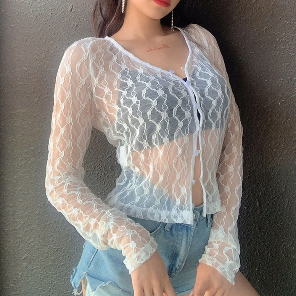 

Western Style Blouse Tops Spring Summer Fashion Loose Casual Perspective Plaid Solid Color Cardigan V-neck Long Sleeve 2021