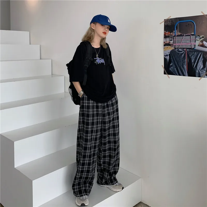 

Plaid Pants Women Chic Oversize Loose Wide Leg Trousers Ins Retro Teens Harajuku Hip-hop All-match Unisex Streetwear Pants