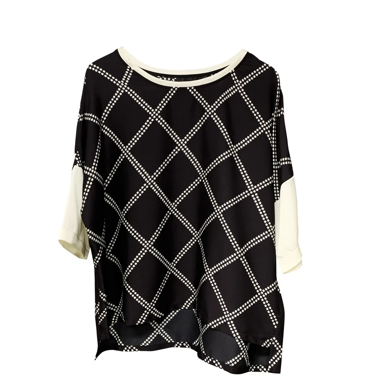 

New 100% silk Blouses & Shirts sense of luxury aura UP grid silk frock 202157 stars