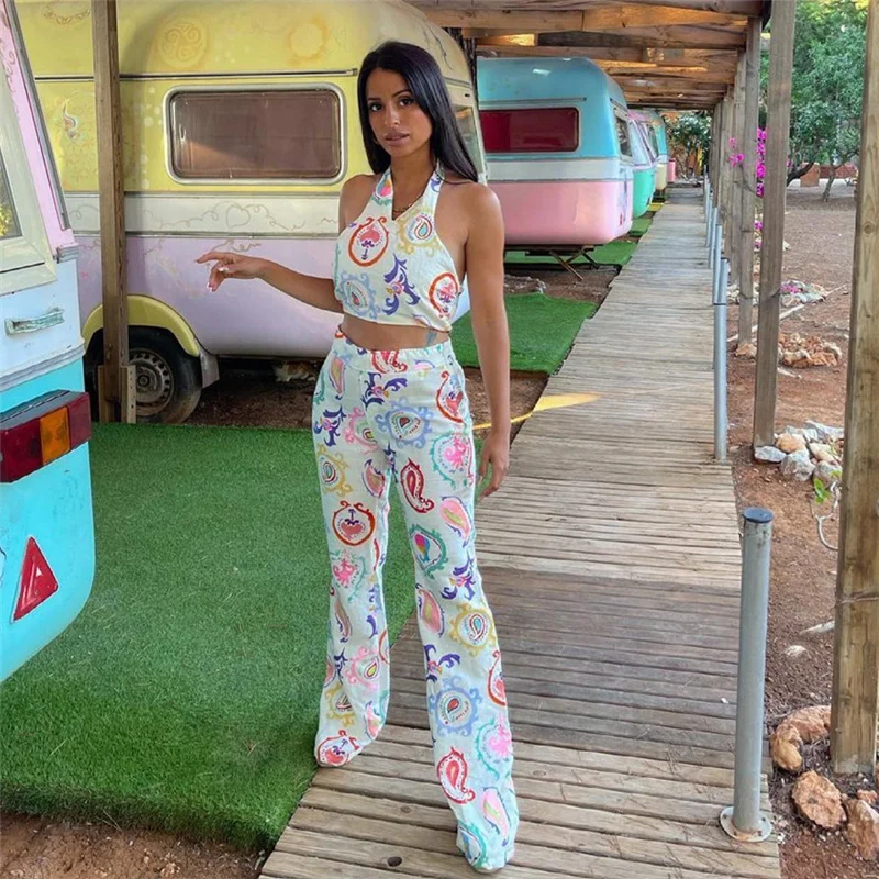 

Woman Sexy Halter Print Vest Suit 2021 Summer Chic Female High Waisted Pants Suits Girls Y2K Slim Cropped Backless Beach Sets