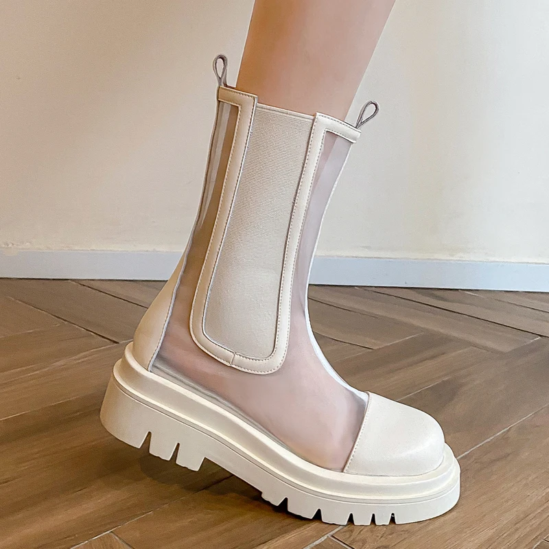 

Flat Platform Mesh Martin Boots Women's Thick Soles 2021 Summer New Genuine Leather Chimney Boots Hollow Side Zipper Short Boots