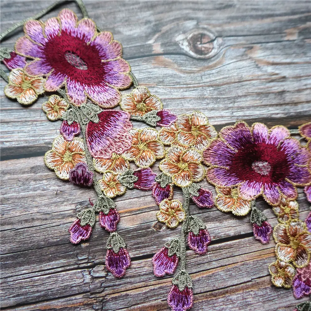 Pink Purple Flower Tassel Collar Embroidered Wedding Gown Appliques Lace Fabric Mesh Sew On Patches For Decoration Dress DIY | Дом и сад