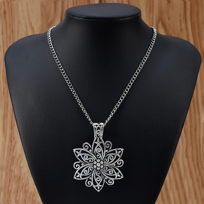 

1Pieces Large Abstract Metal Filigree Flower Pendant on Long Chain Necklace Lagenlook 34 inches