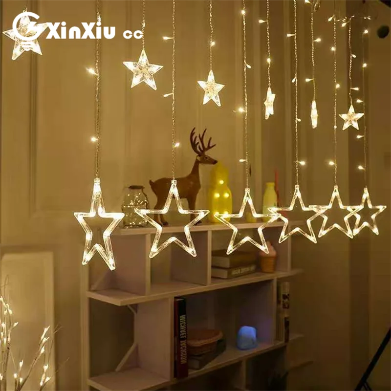 

Рождественская сказочная светодиодная гирлянда со звездами, гирлянда, светящаяся гирлянда на Рождество, окно, комнатное и уличное украшени...