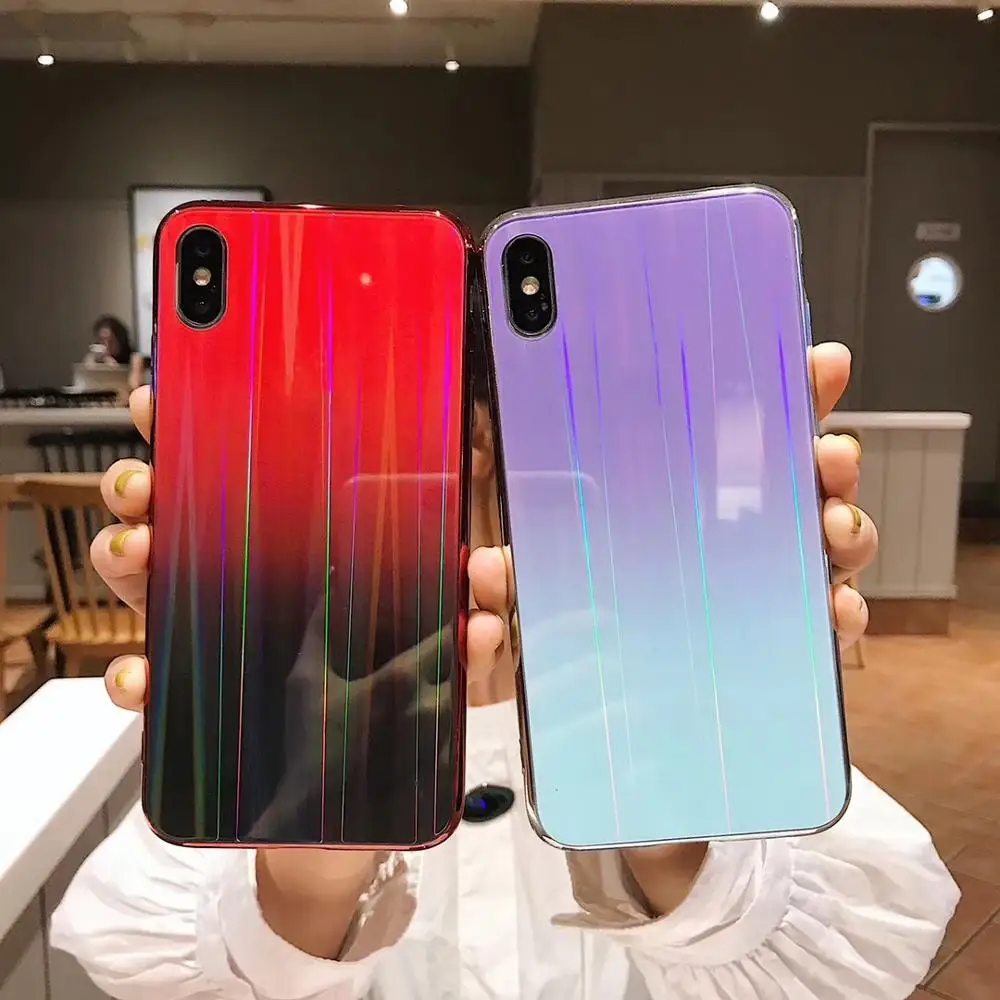 Gradient Rainbow Laser Holographic Shimmer Case for iPhone X XS Max XR Hard Glass Cover 8 7 6S Plus Light reflections Hull |