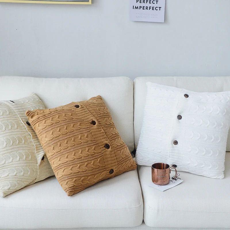 Хлопковый вязаный чехол для подушки в скандинавском стиле кофейный белый