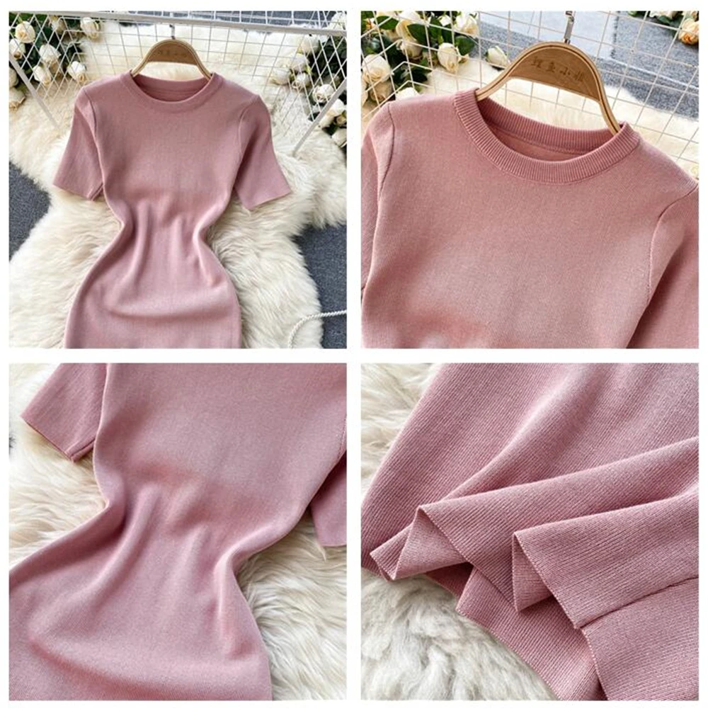 

Women Knitted Short Sleeve Dress Summer Slim Short Basic Dresses Fashion Casual Bodycon Female Robe Elegant Vestidos Clothes