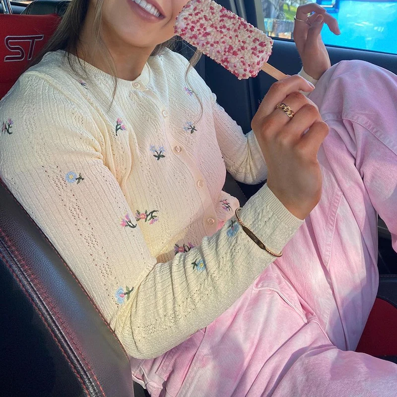 

Weekeep y2k Floral Embroidered Sweater Cardigan Women Long Sleeve Buttons Up O Neck Cute Crop Tops Summer Casual Fashion Outfits