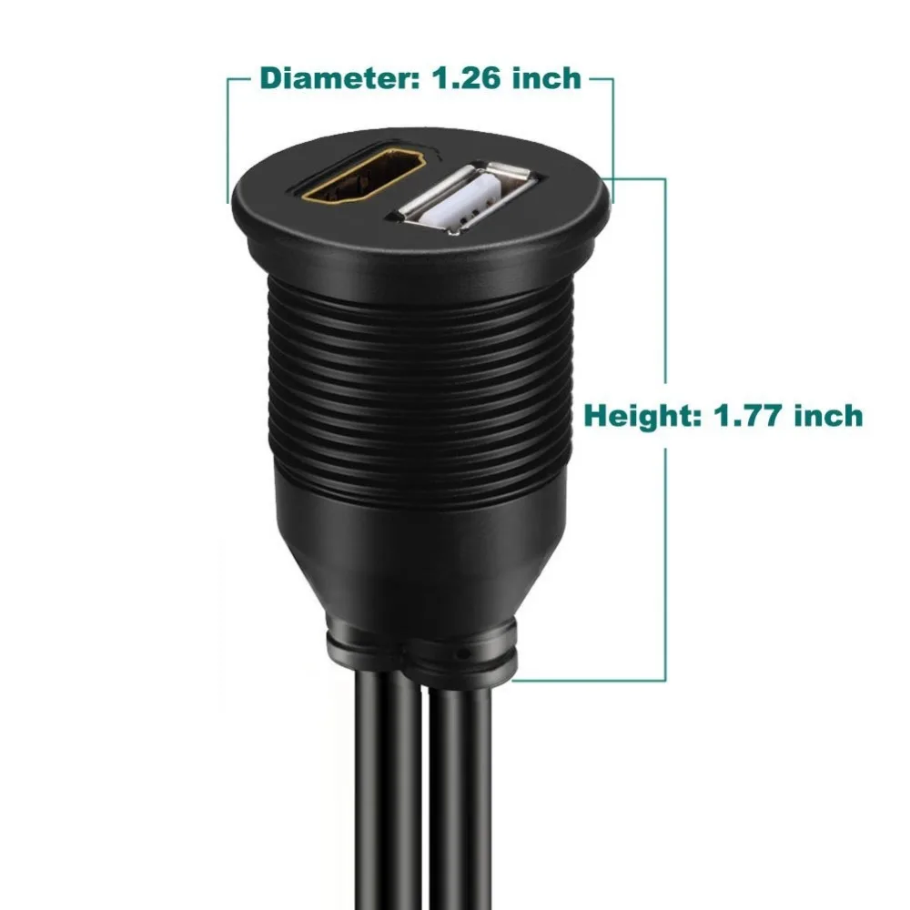 

USB 2.0 & HDMI to HDMI + USB AUX Extension Dash Panel Waterproof Car Flush Mount Cable For Car Boat and Motorcycle - 3ft