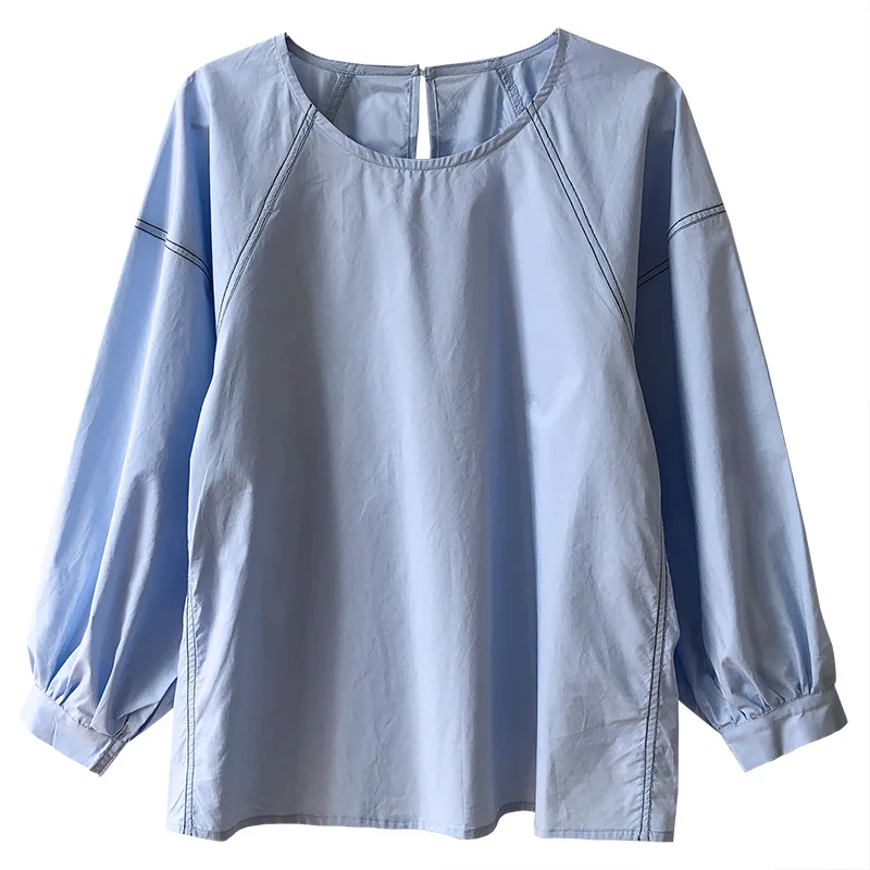 2021 early spring French design feel round-necked pullover shirt women's patchwork color lantern sleeve shirt