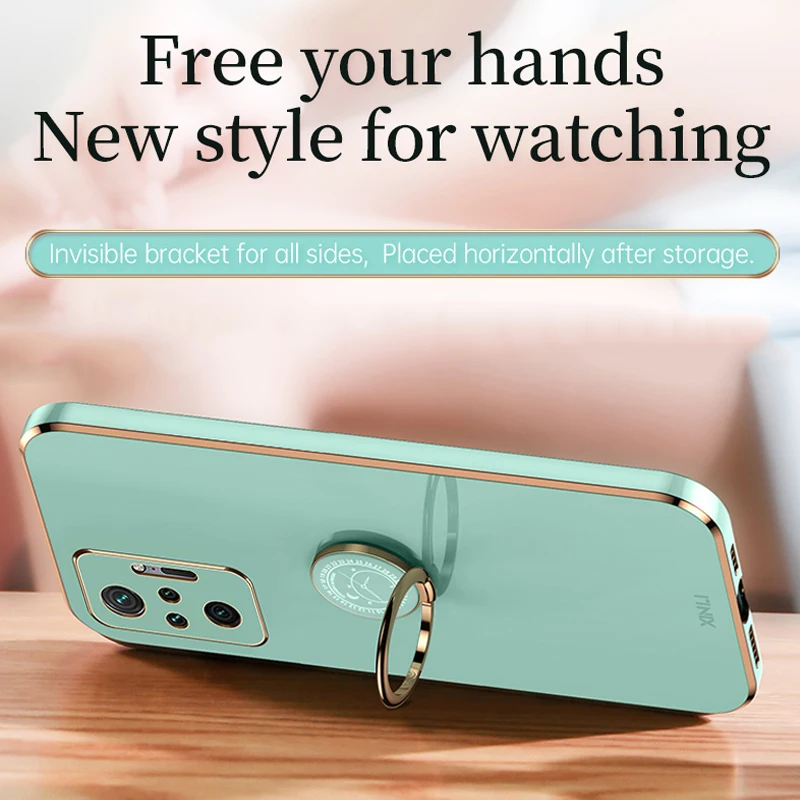 Square Plating Silicone Ring Holder Case For Xiaomi Redmi Note 10 11 Pro Global Note 10 10 s pro 10s 11s Camera Protection Cover