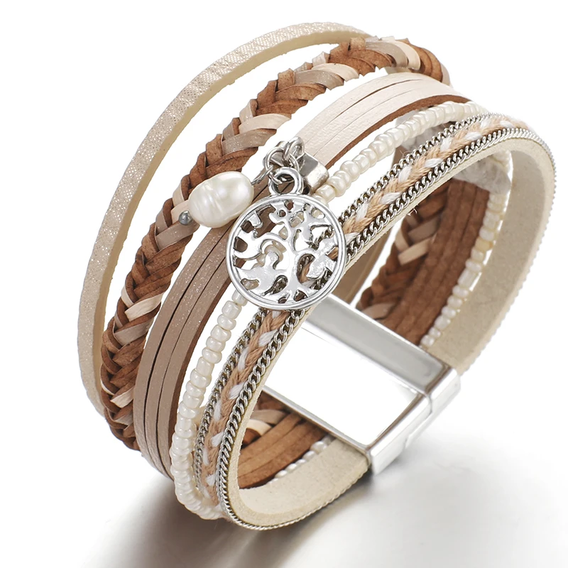 ALLYES Древо жизни модные кожаные браслеты женские 2020 богемных дам Многослойные