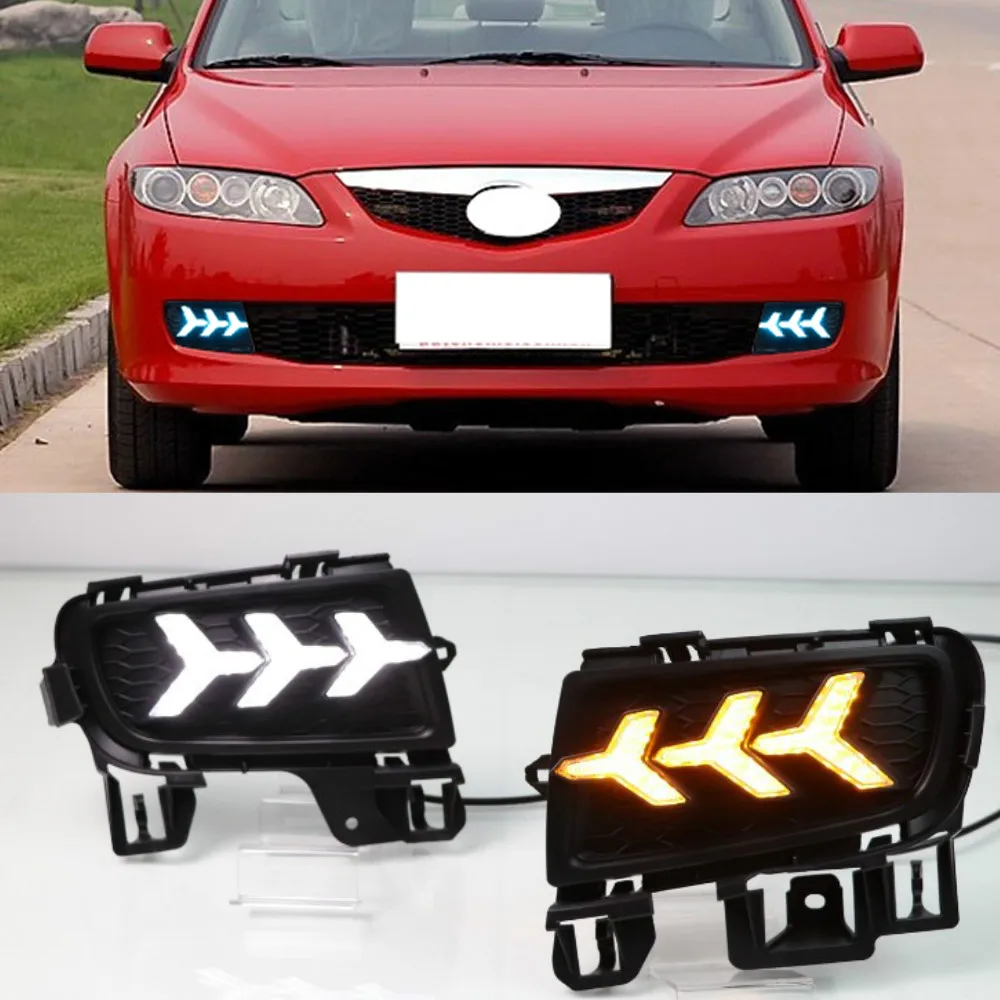 

1 пара, светодиодный дневный ходовой светильник для Mazda 6, Mazda6 2006, 2007, 2008, 2009, водонепроницаемый, с желтым сигналом