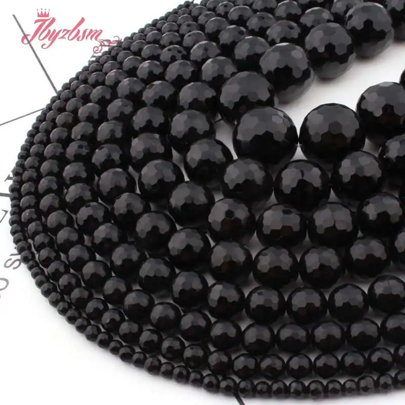 

6,8,10,12mm Faceted Round Ball Black Agates Onyx Natural Stone Beads For DIY Necklace Bracelets Jewelry Making 15"