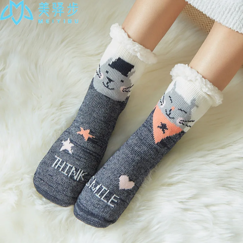 1 Pair Thick Warm Floor Sock Non-slip Home Female Floor Socks Christmas Gifts Cartoon Carpet Socks for Winter