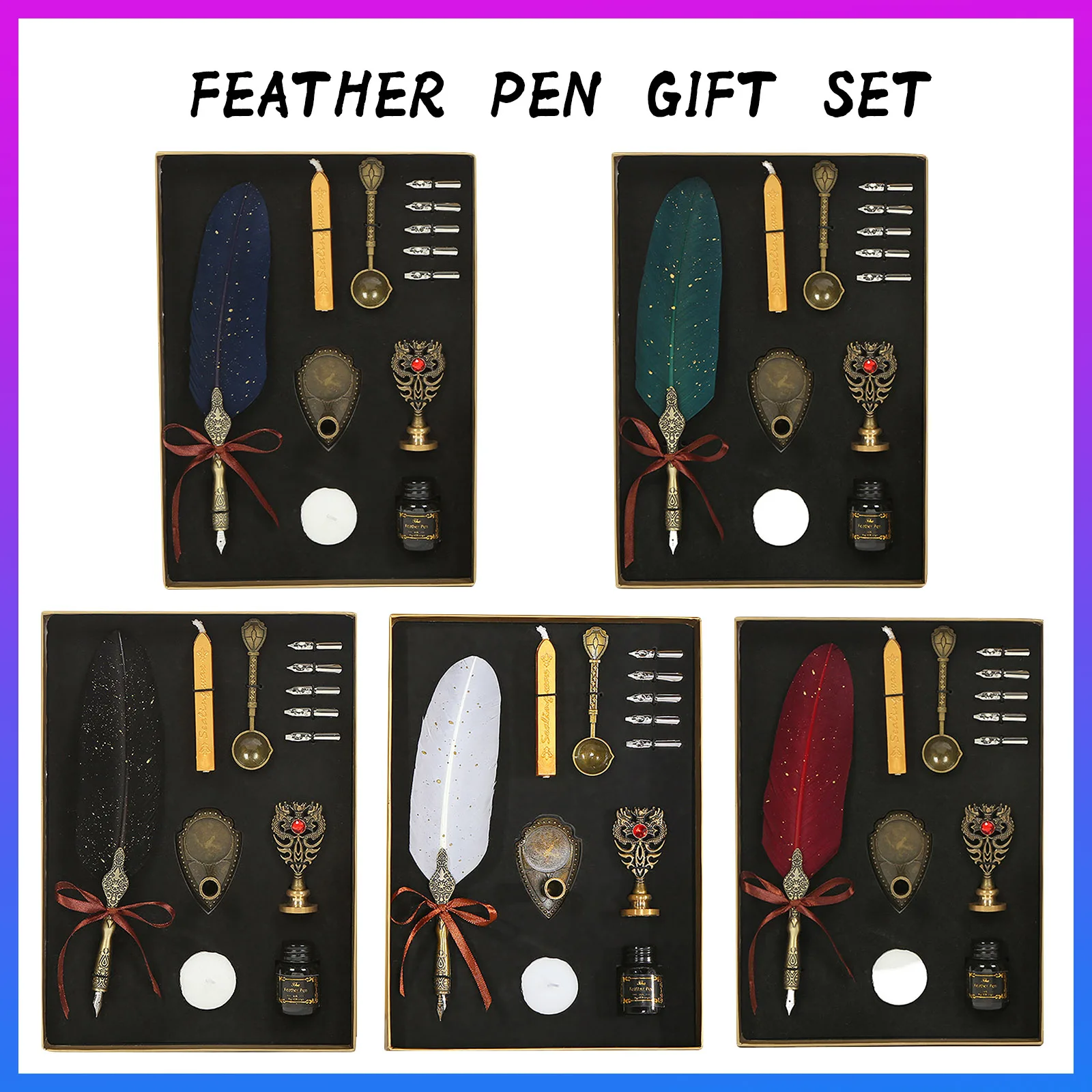 

Feather Quill Calligraphy Pen Ink Set with Nibs Seal Stamp Wax Sticks for Thanksgiving Xmas Birthday Stationery Gift
