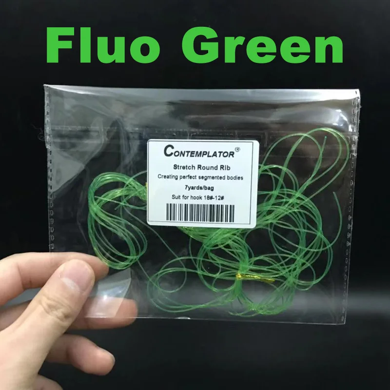 Fluo green 7 ярдов/сумка, 9 цветов, растягивающиеся ребра для завязывания мушек, 0,6 мм, круглые прозрачные личицы, Нимфа, ребристая лента, сегментированные материалы для тела, леска для ловли нахлыстом - Цвет: Fluo green